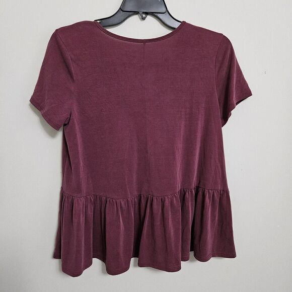 Alya Burgundy Peplum Top Pink Floral Embroidery Small Made In USA - Picture 2 of 4